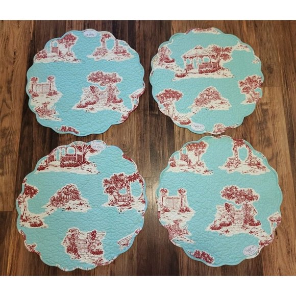 Split P Other - New Split P Round Quilted Reversible Placemats Aqua Red Toile Medallion Set Of 4